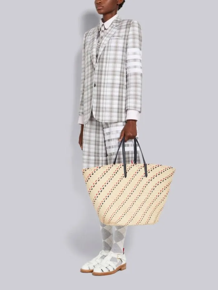Color Tk Raffia Stripe Embroidery Leather Handle Large Basket Tote Women Thom Browne Handbags and Totes