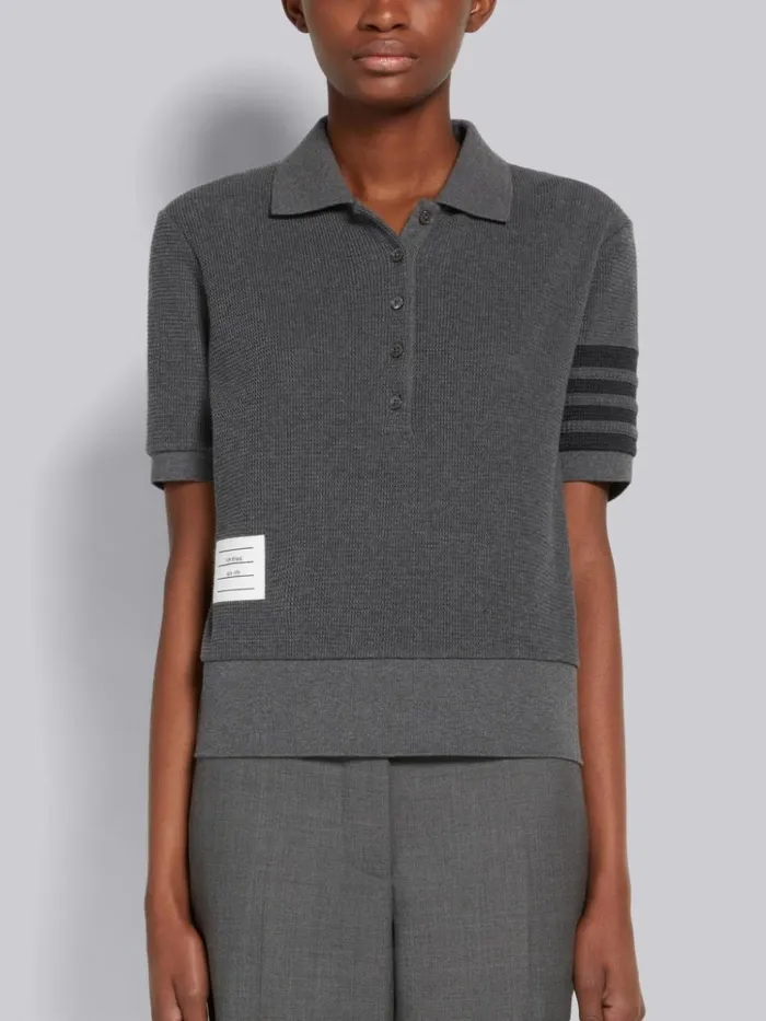 Compact Waffle Seamed In 4bar Short Sleeve Rib Cuff Polo Dark Grey Women Thom Browne Tshirts and Polos Compact Waffle Seamed In 4bar Short Sleeve Rib Cuff Polo Dark Grey Women Thom Browne Tshirts and Polos