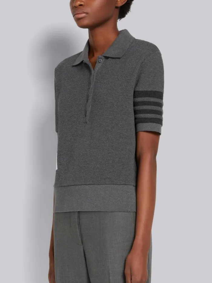 Compact Waffle Seamed In 4bar Short Sleeve Rib Cuff Polo Dark Grey Women Thom Browne Tshirts and Polos