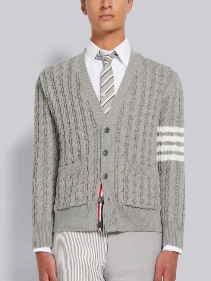 Cotton 4bar Cable Knit Vneck Cardigan Light Grey Men Thom Browne Knitwear