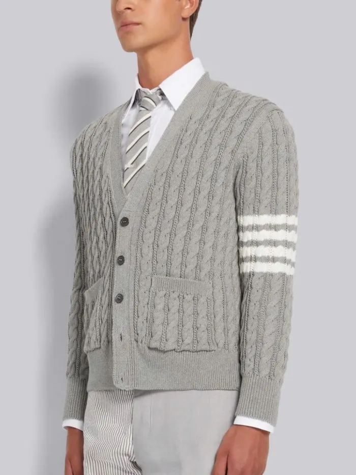 Cotton 4bar Cable Knit Vneck Cardigan Light Grey Men Thom Browne Knitwear
