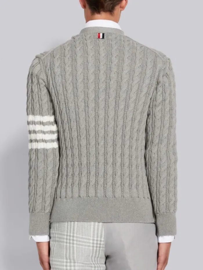 Cotton 4bar Cable Knit Vneck Cardigan Light Grey Men Thom Browne Knitwear