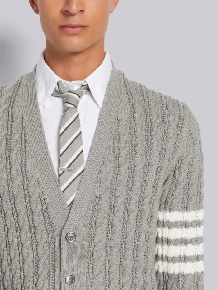 Cotton 4bar Cable Knit Vneck Cardigan Light Grey Men Thom Browne Knitwear