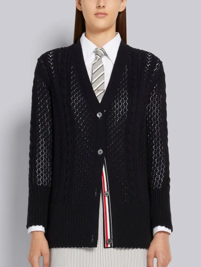 Cotton Mixed Pointelle Cable Knit Elongated Vneck Cardigan Navy Women Thom Browne Knitwear Cotton Mixed Pointelle Cable Knit Elongated Vneck Cardigan Navy Women Thom Browne Knitwear