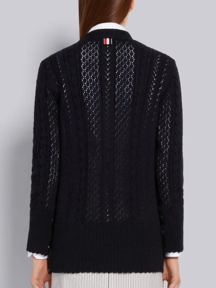 Cotton Mixed Pointelle Cable Knit Elongated Vneck Cardigan Navy Women Thom Browne Knitwear