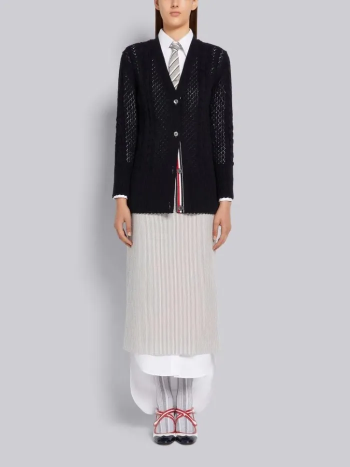 Cotton Mixed Pointelle Cable Knit Elongated Vneck Cardigan Navy Women Thom Browne Knitwear