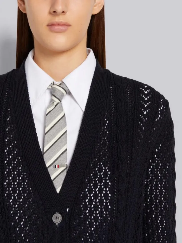 Cotton Mixed Pointelle Cable Knit Elongated Vneck Cardigan Navy Women Thom Browne Knitwear
