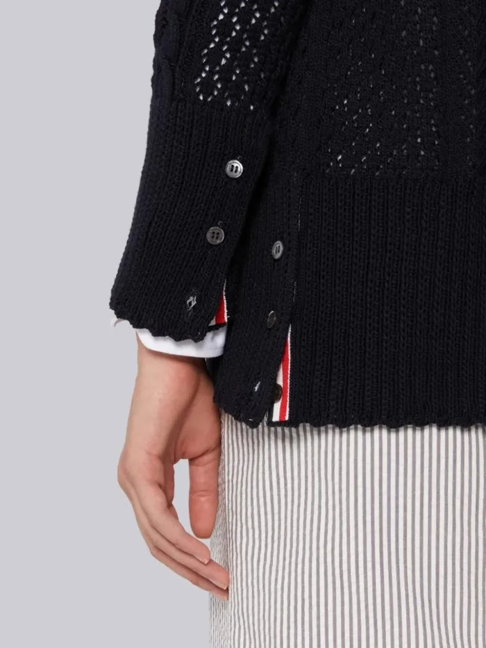 Cotton Mixed Pointelle Cable Knit Elongated Vneck Cardigan Navy Women Thom Browne Knitwear
