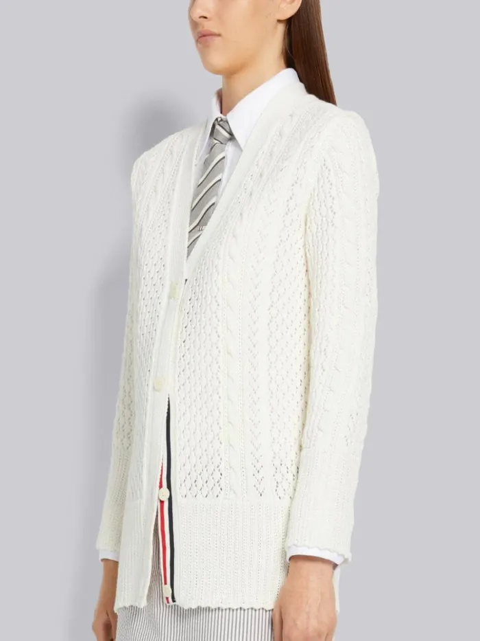 Cotton Mixed Pointelle Cable Knit Elongated Vneck Cardigan White Women Thom Browne Knitwear
