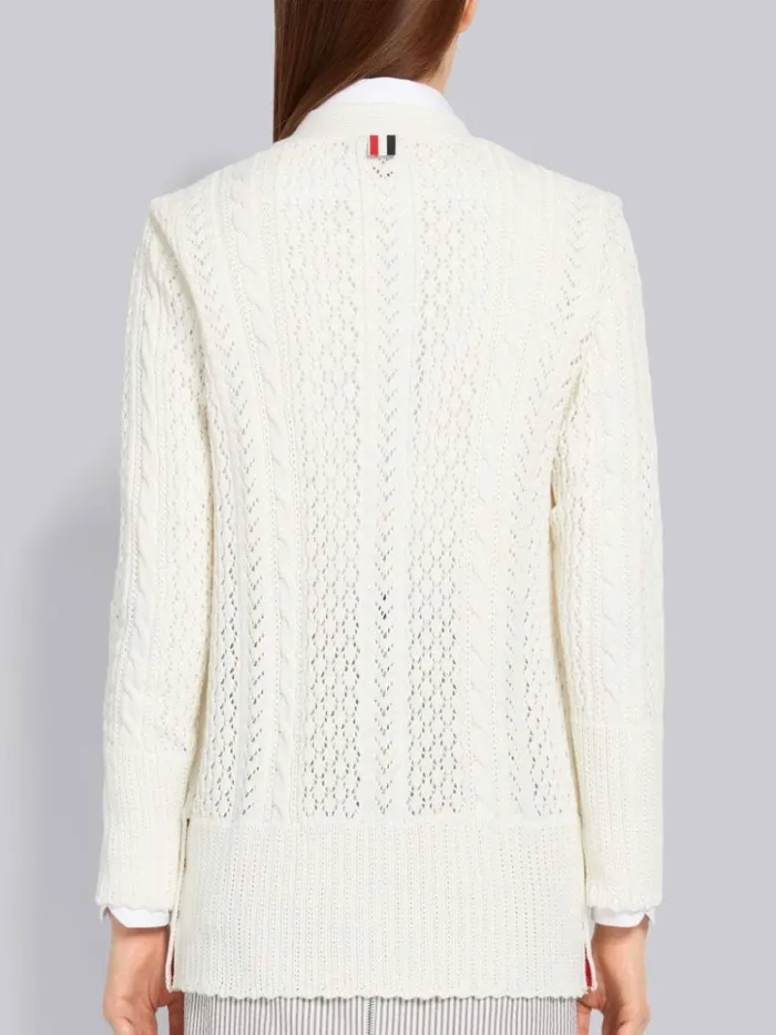 Cotton Mixed Pointelle Cable Knit Elongated Vneck Cardigan White Women Thom Browne Knitwear