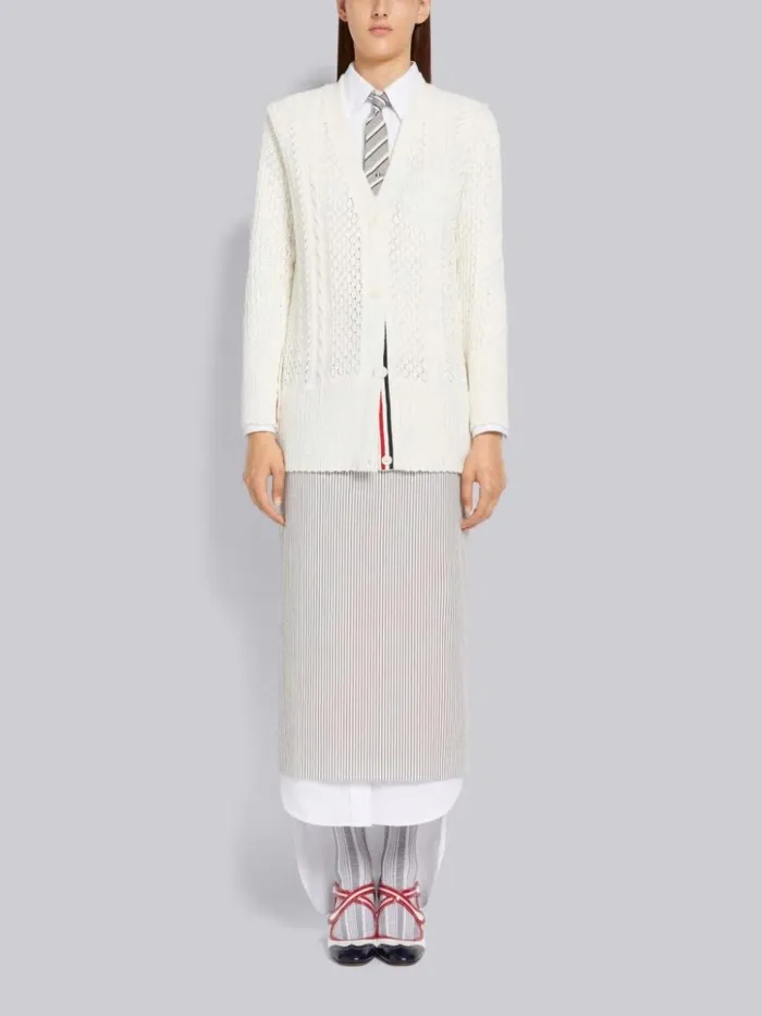 Cotton Mixed Pointelle Cable Knit Elongated Vneck Cardigan White Women Thom Browne Knitwear