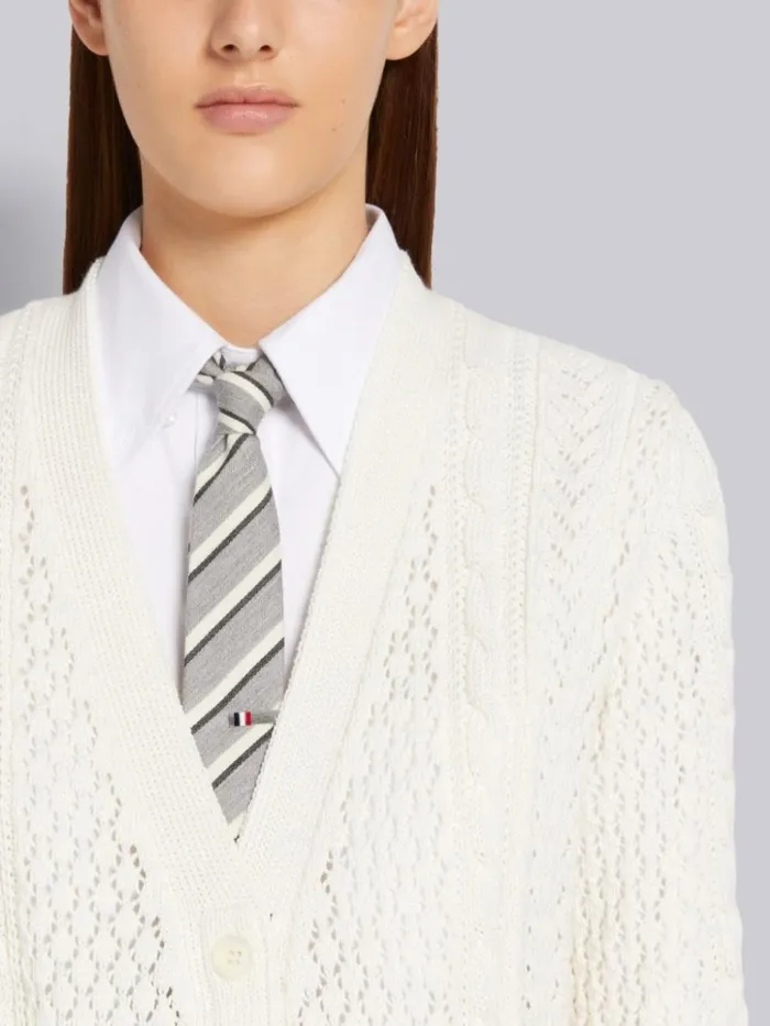Cotton Mixed Pointelle Cable Knit Elongated Vneck Cardigan White Women Thom Browne Knitwear