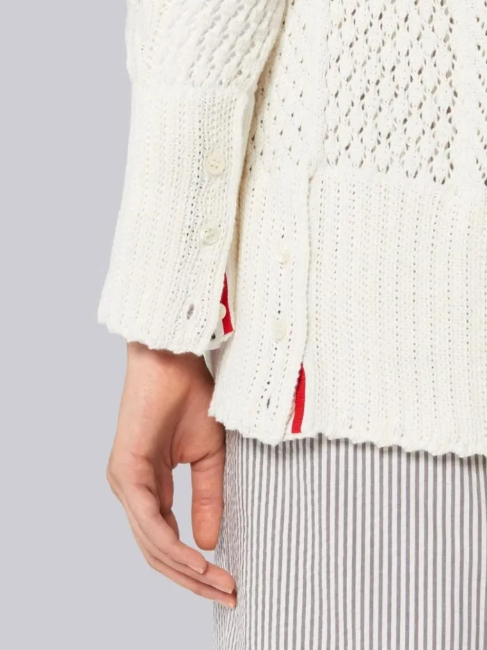 Cotton Mixed Pointelle Cable Knit Elongated Vneck Cardigan White Women Thom Browne Knitwear