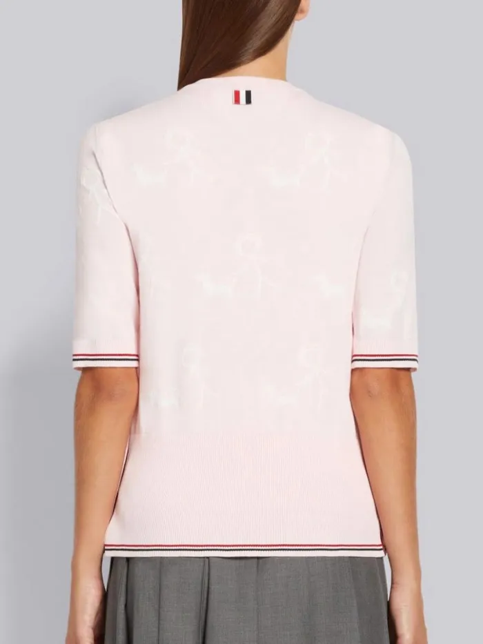 Cotton Mrs Thom Walking Hector Half Drop Shortsleeve Crew Neck Cardigan Light Pink Women Thom Browne Knitwear