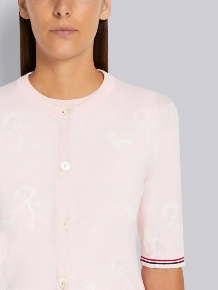 Cotton Mrs Thom Walking Hector Half Drop Shortsleeve Crew Neck Cardigan Light Pink Women Thom Browne Knitwear