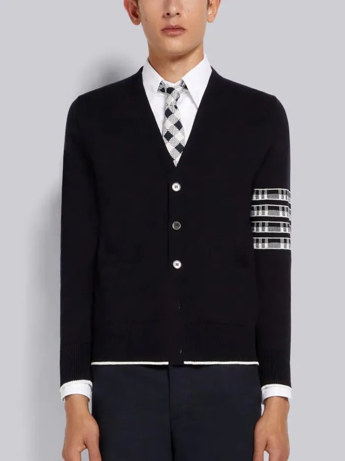 Cotton Plane Jacquard Back 4bar Vneck Cardigan Navy Men Thom Browne Knitwear