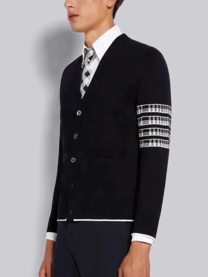 Cotton Plane Jacquard Back 4bar Vneck Cardigan Navy Men Thom Browne Knitwear