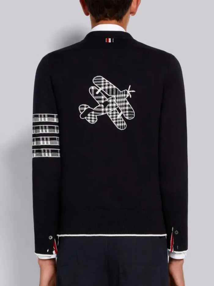 Cotton Plane Jacquard Back 4bar Vneck Cardigan Navy Men Thom Browne Knitwear