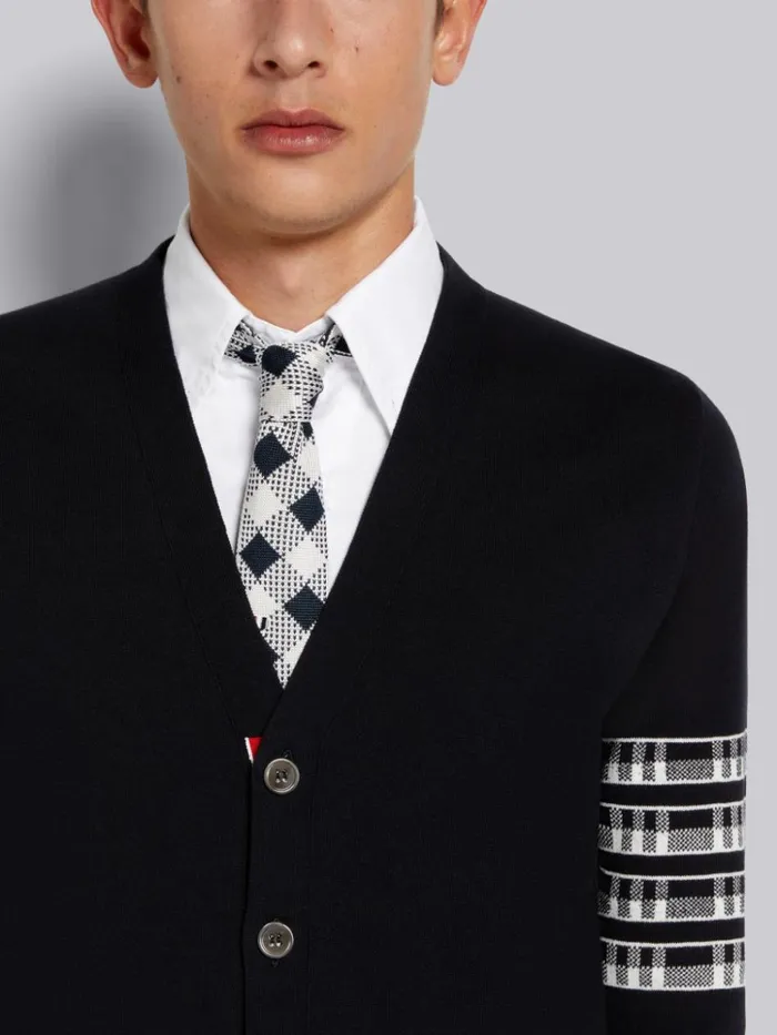 Cotton Plane Jacquard Back 4bar Vneck Cardigan Navy Men Thom Browne Knitwear