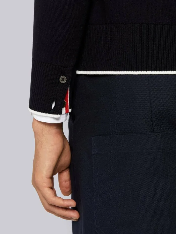 Cotton Plane Jacquard Back 4bar Vneck Cardigan Navy Men Thom Browne Knitwear