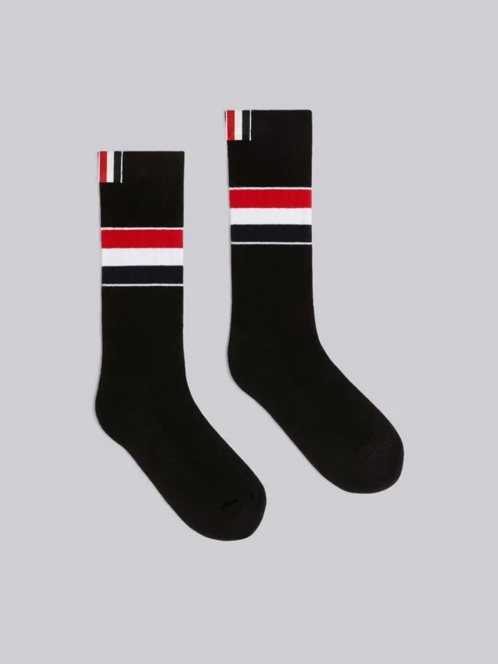Cotton Wide Stripe Athletic Mid Calf Socks Black Women Thom Browne Socks