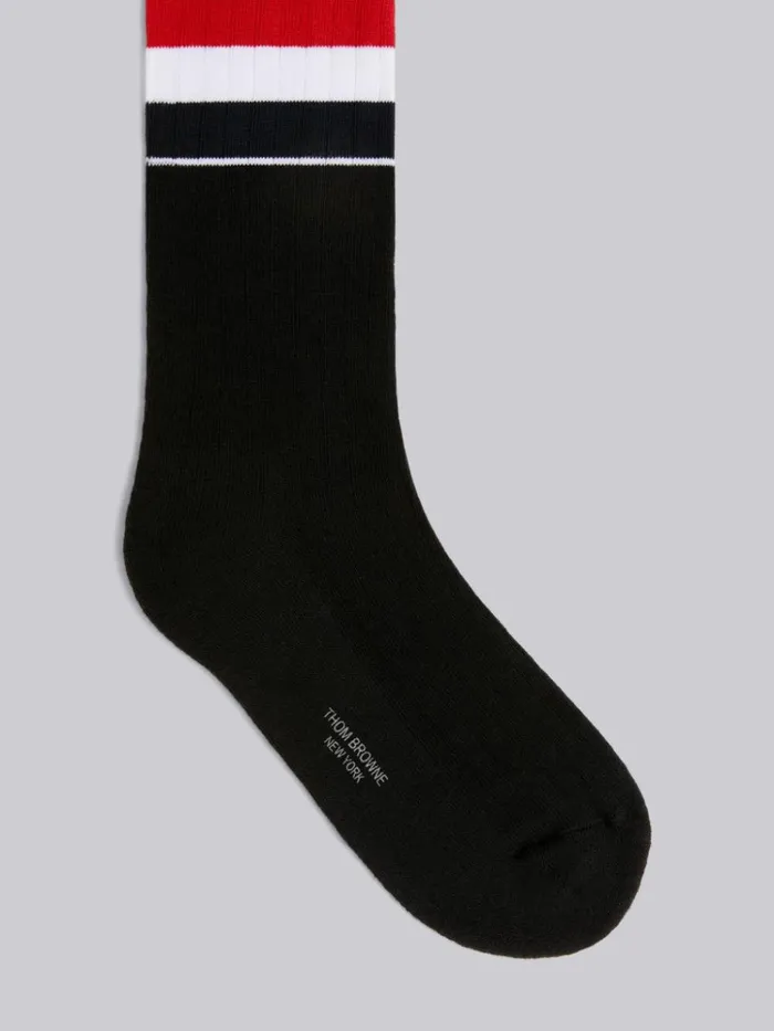 Cotton Wide Stripe Athletic Mid Calf Socks Black Women Thom Browne Socks