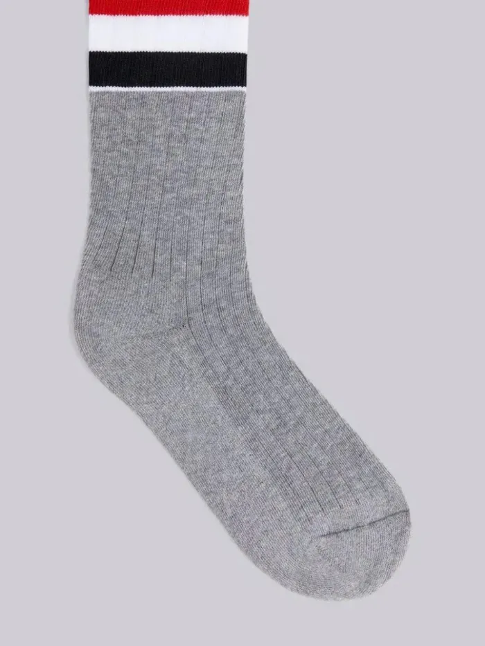 Cotton Wide Stripe Athletic Mid Calf Socks Light Grey Women Thom Browne Socks