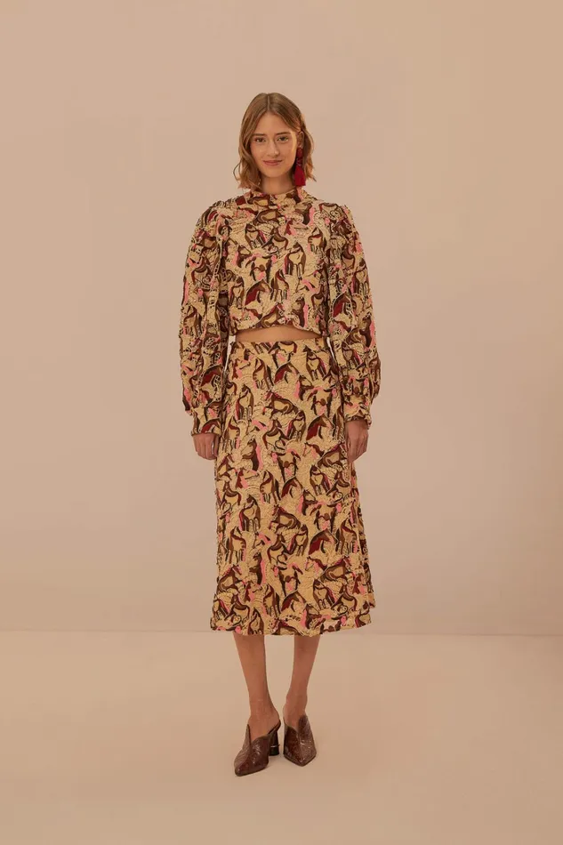 Cream Horses Guipure Midi Skirt Women FARM Rio Skirts