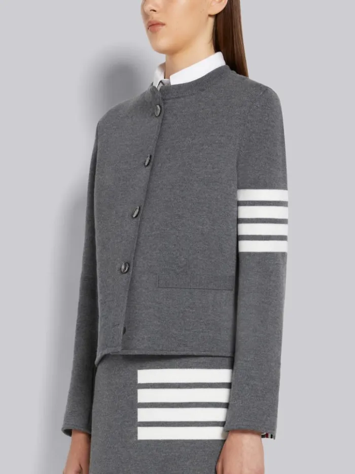Double Face Fine Merino Wool 4bar Engraved Mrs Thom Button Crew Neck Cardigan Jacket Medium Grey Women Thom Browne Jackets