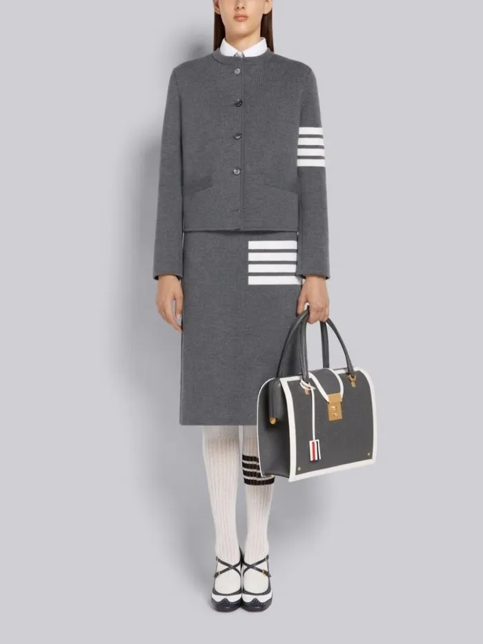 Double Face Fine Merino Wool 4bar Engraved Mrs Thom Button Crew Neck Cardigan Jacket Medium Grey Women Thom Browne Jackets