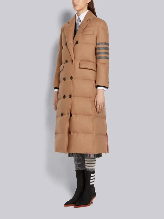 Downfilled Jacket Weight Hair 4bar Wide Lapel Trouser Length Double Breasted Overcoat Camel Women Thom Browne Outerwear