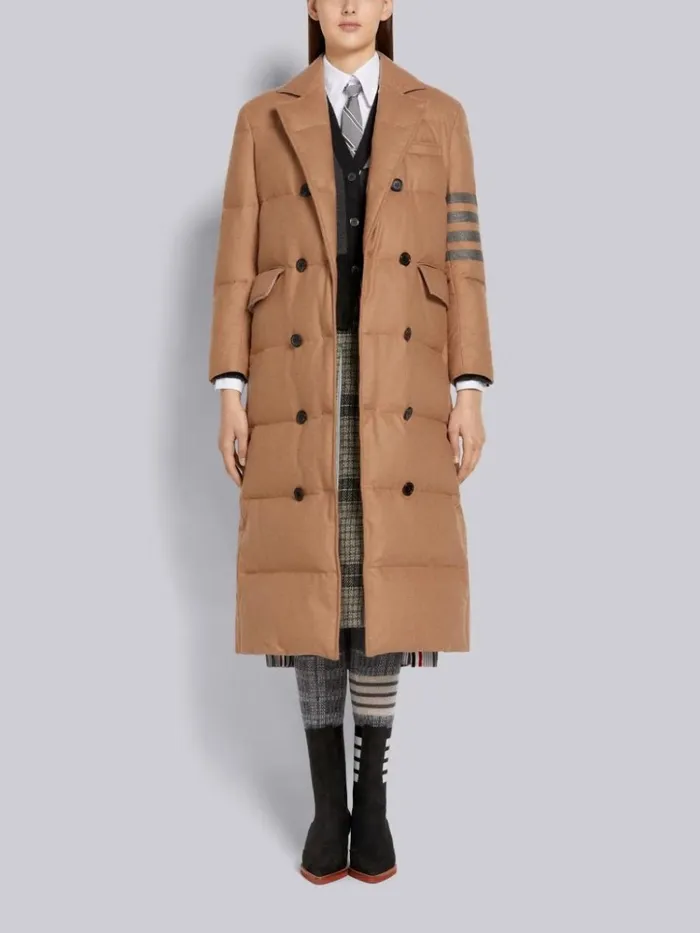 Downfilled Jacket Weight Hair 4bar Wide Lapel Trouser Length Double Breasted Overcoat Camel Women Thom Browne Outerwear