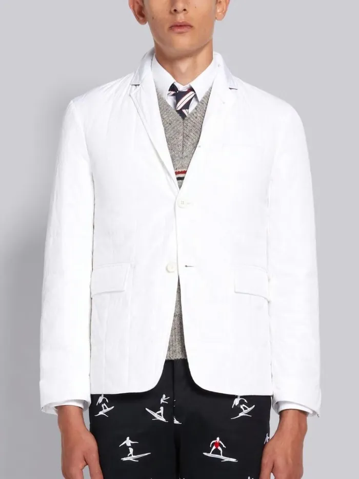 Down Filled Poly Twill Center Back Stripe Sport Coat White Men Thom Browne Outerwear Down Filled Poly Twill Center Back Stripe Sport Coat White Men Thom Browne Outerwear