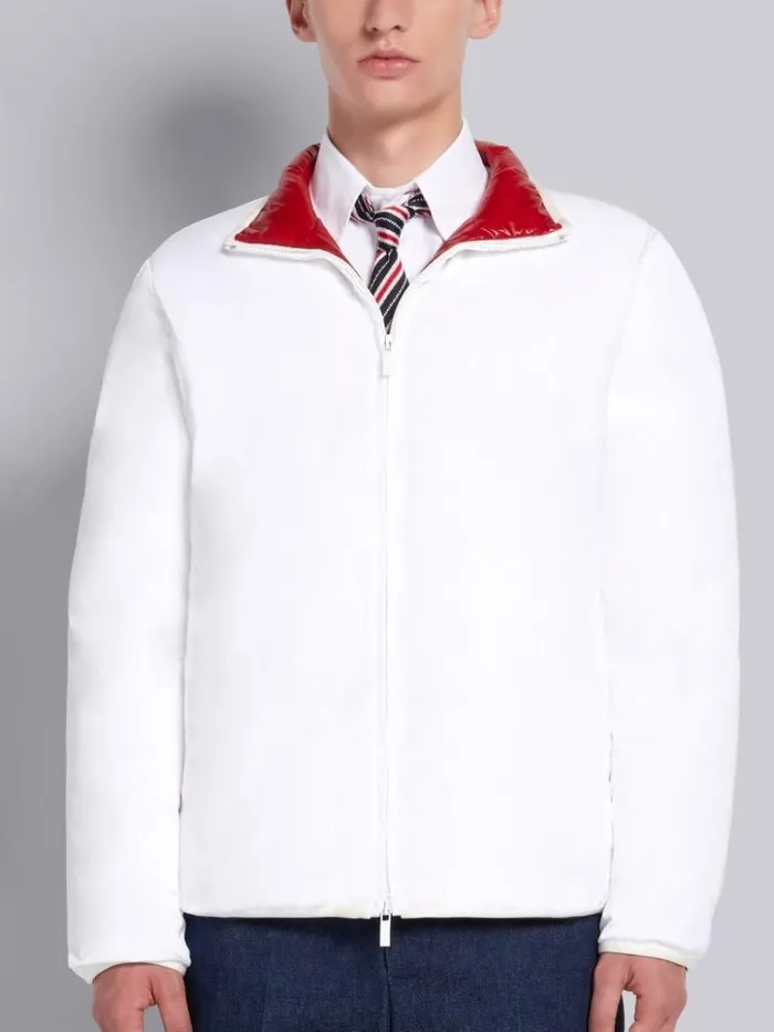 Down Filled Poly Twill Reversible Zipup Funnel Neck Jacket White Men Thom Browne Outerwear Down Filled Poly Twill Reversible Zipup Funnel Neck Jacket White Men Thom Browne Outerwear
