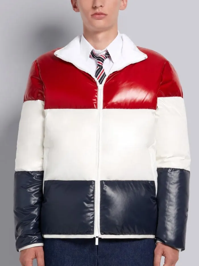 Down Filled Poly Twill Reversible Zipup Funnel Neck Jacket White Men Thom Browne Outerwear