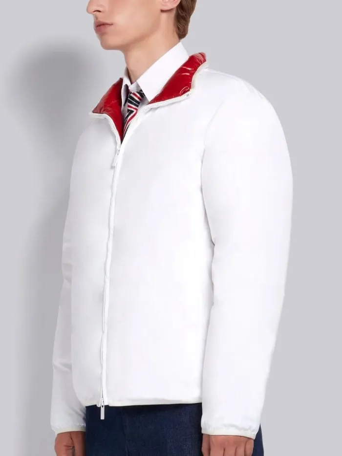 Down Filled Poly Twill Reversible Zipup Funnel Neck Jacket White Men Thom Browne Outerwear