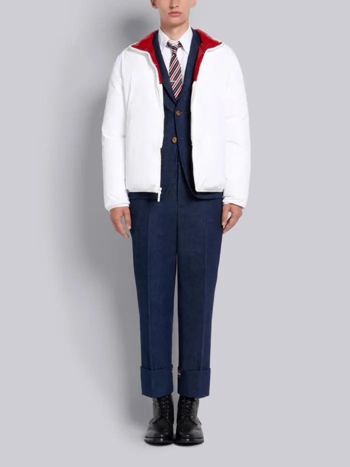Down Filled Poly Twill Reversible Zipup Funnel Neck Jacket White Men Thom Browne Outerwear