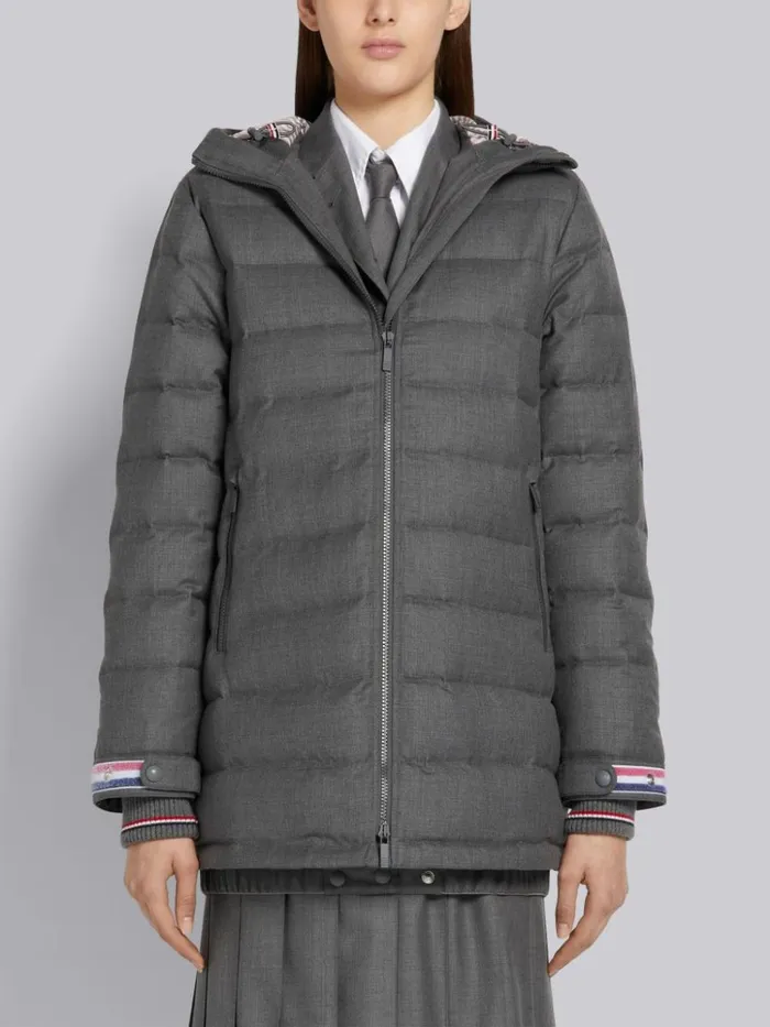 Down Filled Super 120s Twill Funnel Neck Coat Medium Grey Women Thom Browne Outerwear Down Filled Super 120s Twill Funnel Neck Coat Medium Grey Women Thom Browne Outerwear