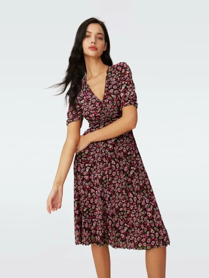DVF Dresses Koren Reversible Mesh Dress Bird Weave Green And Leopard Soiree 8211 Women