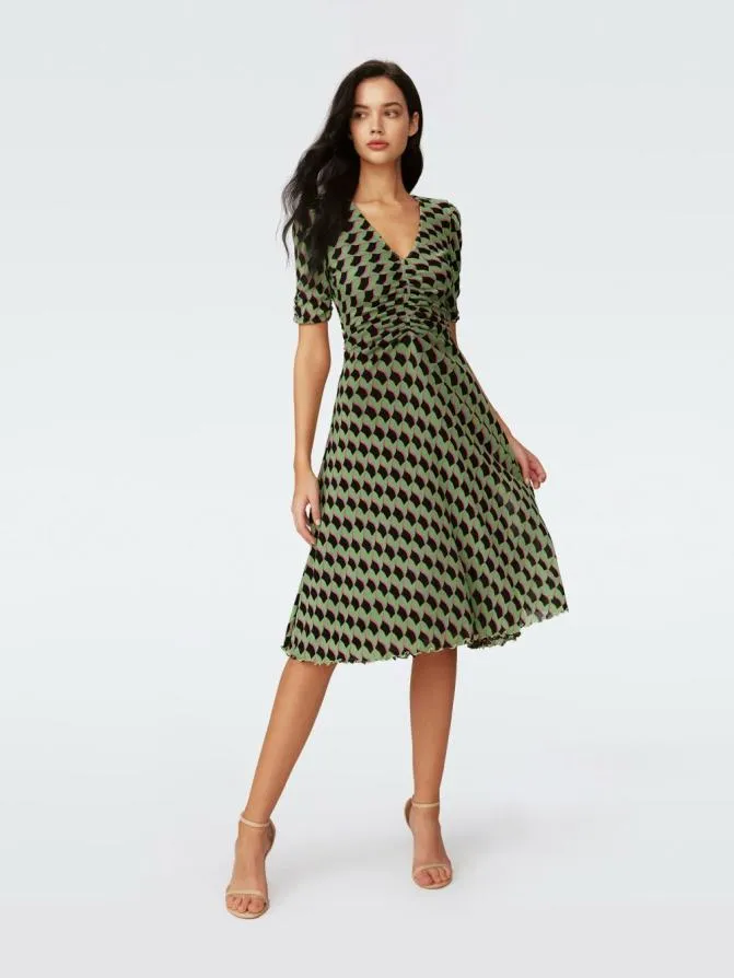 DVF Dresses Koren Reversible Mesh Dress Bird Weave Green And Leopard Soiree 8211 Women