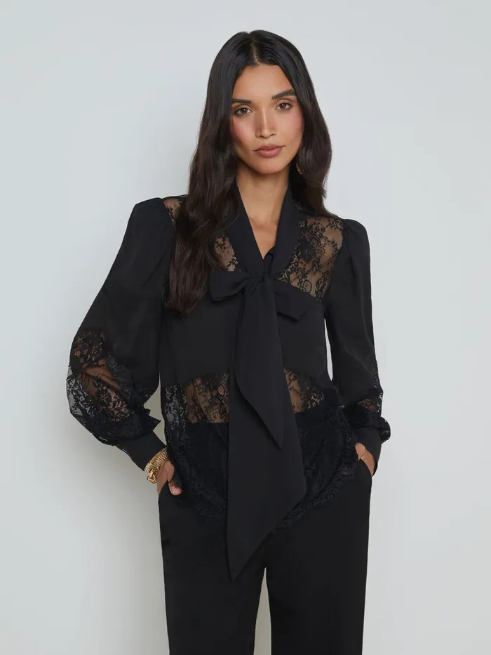 Emmelina Lace TieNeck Blouse Black Women L039Agence Blouses and Tops