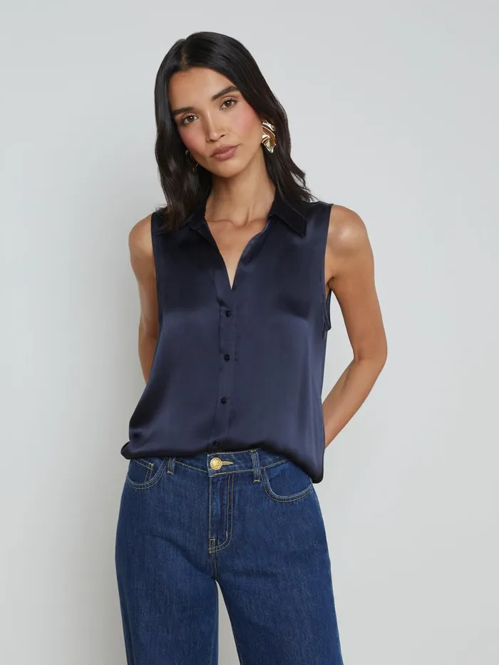 Emmy Sleeveless Silk Blouse Midnight Women L039Agence Blouses and Tops