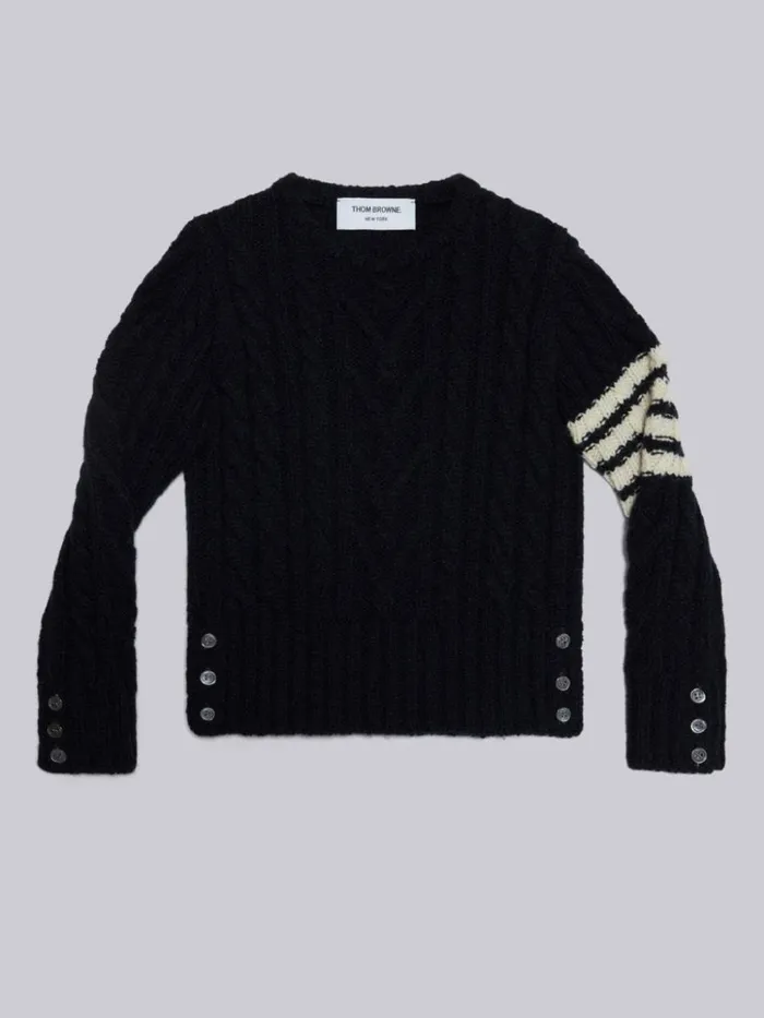 Fine Merino Mohair Tweed 4bar Aran Cable Crew Neck Pullover Navy GirlsBoys Thom Browne Knitwear Fine Merino Mohair Tweed 4bar Aran Cable Crew Neck Pullover Navy GirlsBoys Thom Browne Knitwear