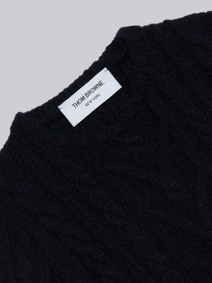 Fine Merino Mohair Tweed 4bar Aran Cable Crew Neck Pullover Navy GirlsBoys Thom Browne Knitwear
