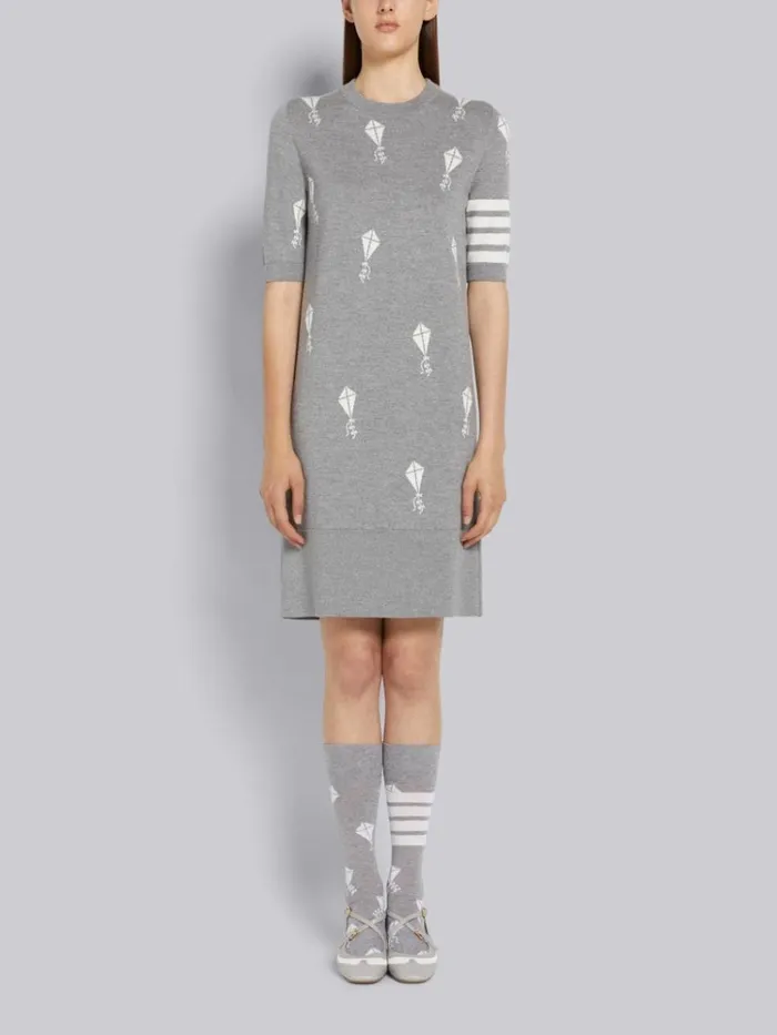 Fine Merino Wool 4bar Half Drop Sky Icon Short Sleeve Dress Light Grey Women Thom Browne Dresses Fine Merino Wool 4bar Half Drop Sky Icon Short Sleeve Dress Light Grey Women Thom Browne Dresses