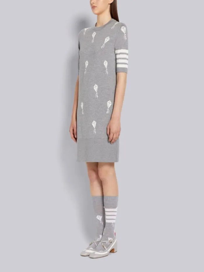 Fine Merino Wool 4bar Half Drop Sky Icon Short Sleeve Dress Light Grey Women Thom Browne Dresses