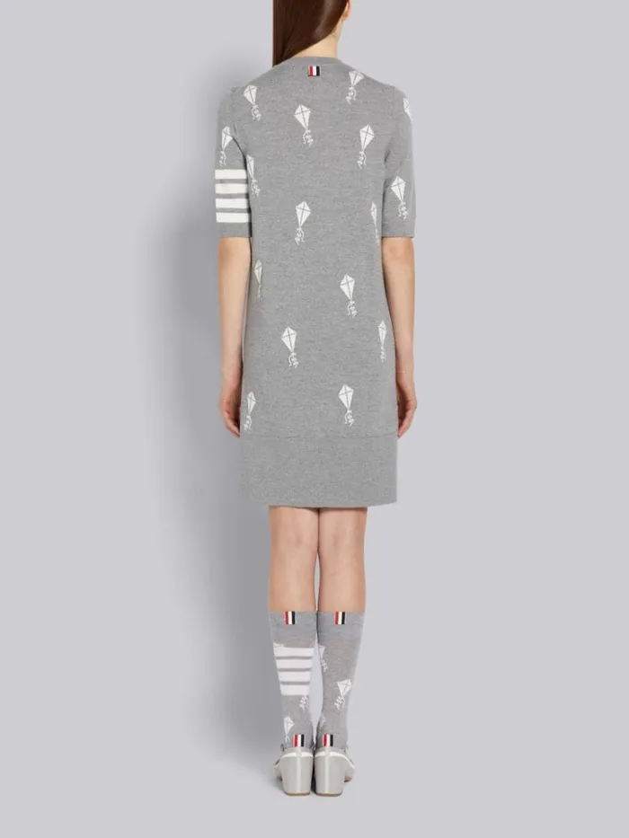 Fine Merino Wool 4bar Half Drop Sky Icon Short Sleeve Dress Light Grey Women Thom Browne Dresses