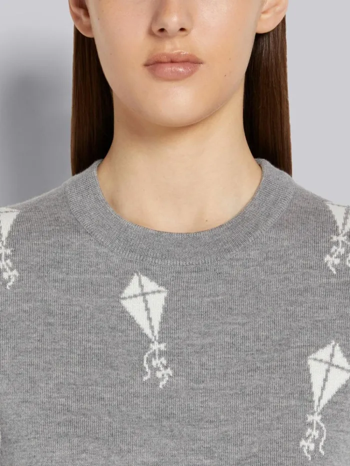 Fine Merino Wool 4bar Half Drop Sky Icon Short Sleeve Dress Light Grey Women Thom Browne Dresses