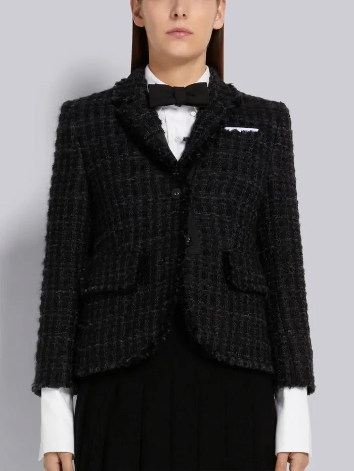 Frayed Wool Chiffon Gunclub Check Tweed High Armhole Sport Coat Black Women Thom Browne Jackets Frayed Wool Chiffon Gunclub Check Tweed High Armhole Sport Coat Black Women Thom Browne Jackets