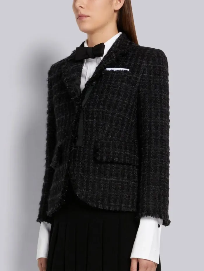 Frayed Wool Chiffon Gunclub Check Tweed High Armhole Sport Coat Black Women Thom Browne Jackets